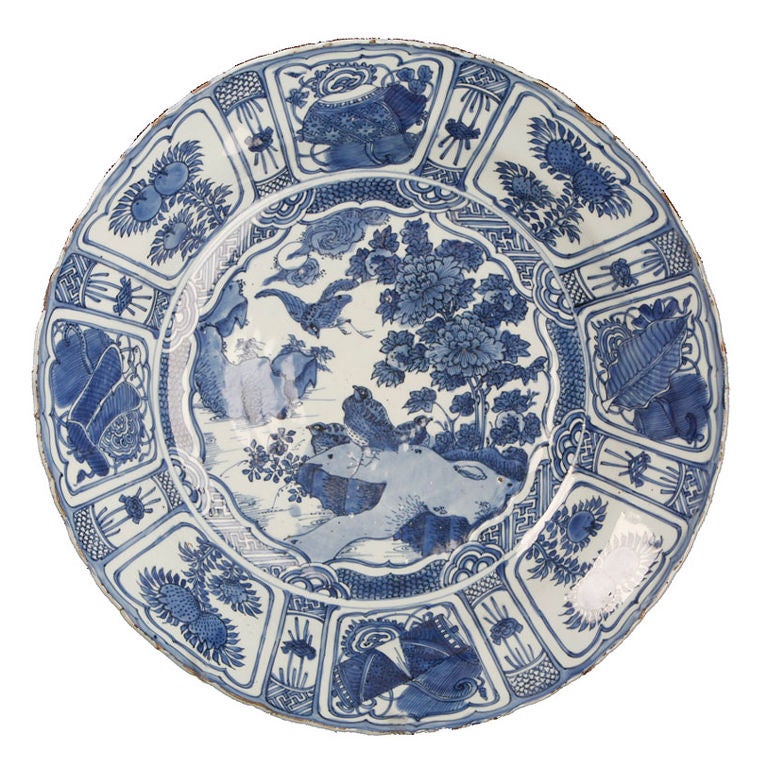 Large and Rare Blue and White Kraak Porcelain Charger For Sale