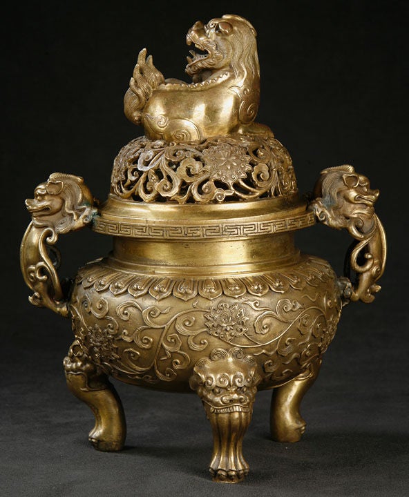 18th Century and Earlier Chinese Gilt Bronze Covered Incense Burner
