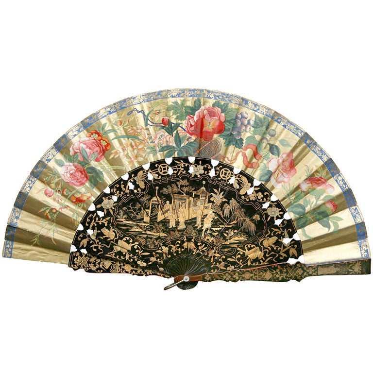 Fine Chinese Painted And Lacquered Export Fan For Sale