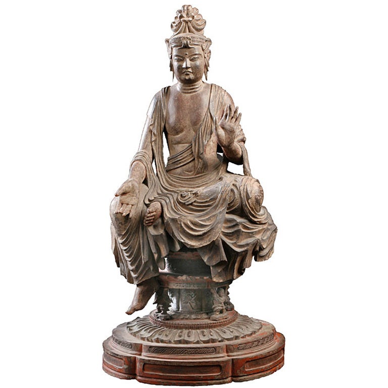 Japanese Carved Wood Figure Of Seated Kannon For Sale