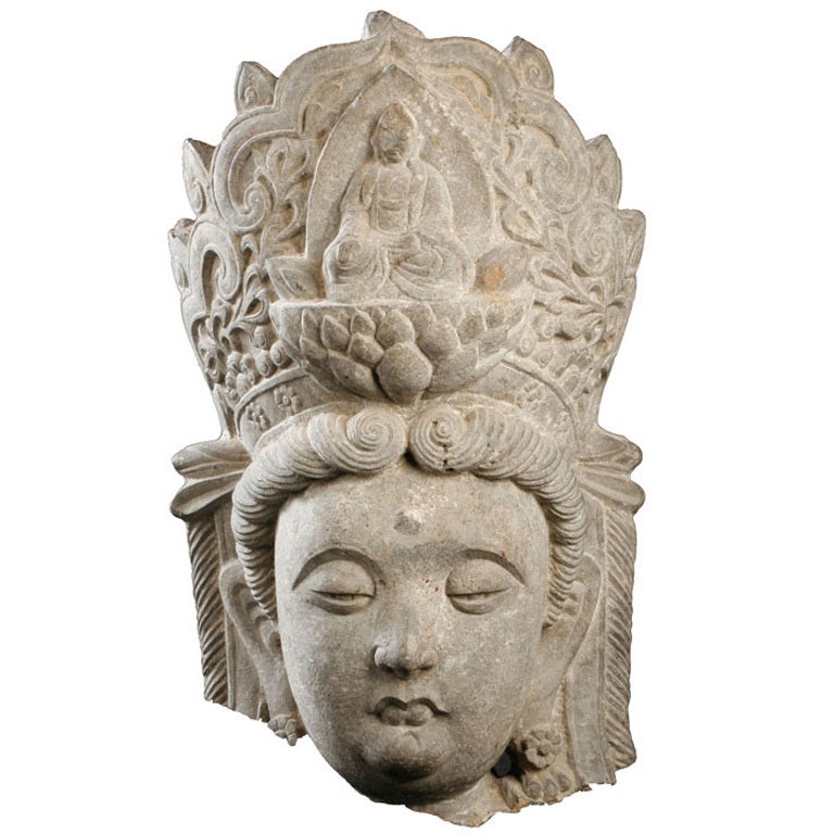 Chinese Carved Limestone Head Of A Bodhisattva For Sale