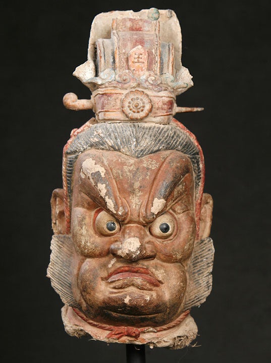 Unusual Chinese Painted Wood Guardian Head
