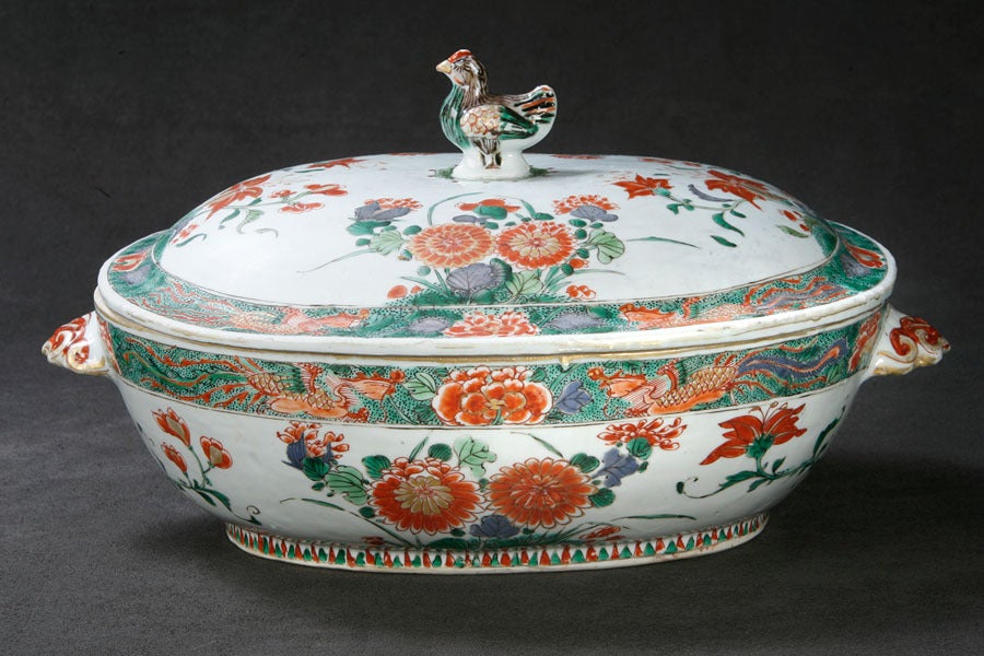 Oval Tureen with Shell Handles and an Unusual Rooster Knop on the Cover. Decorated in Green, Iron Red and Overglaze blue Enamels, Depicting Chrysanthamum, Tree Peony and other  floral Sprays.