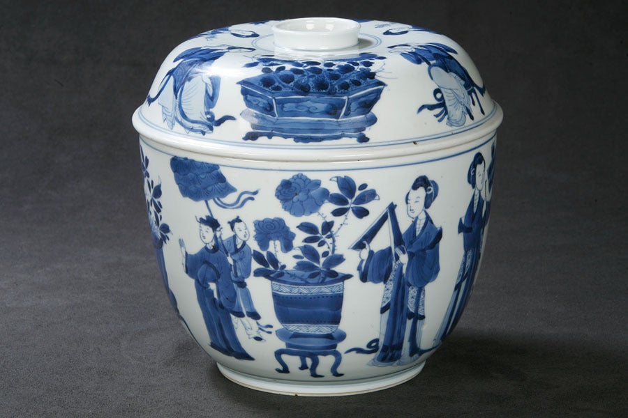 Decorated in Three Shades of Blue on a Bright Ground Showing Scenes of Aristocratic Ladies (Meiren) at Leisurely Pursuits.  At the Base Inside the Footring in Underglaze Blue is an Artemisa Leaf, Typical of Kangxi Identification.