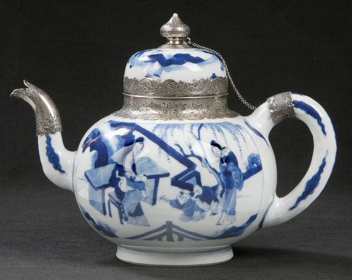 Chinese Blue and White Covered Teapot Exported to Holland.  Monogrammed Dutch Silver Mounts.  The Letter 'G' in Underglaze Blue on the Base.