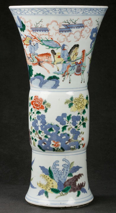 Chinese Five-Color (Ch. Wucai) Tall Beaker, in the Upper Register Depicting Horsemen Bringing Tribute to a Mandarin.  The Middle Register Shows rockwork and Tree Peonies, the Bottom Register Depicts Various Ripe Fruit