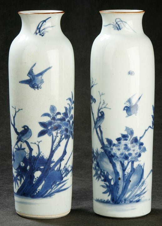 Pair of Cylindrical Sleeve Vases (Rolwagon) Decorated in Subtle Shades of Underglaze Blue, Depicting Tree Peonies and Birds.  Provenance: Deaccessioned From Lehigh University Museum and the Butler Family Collection.