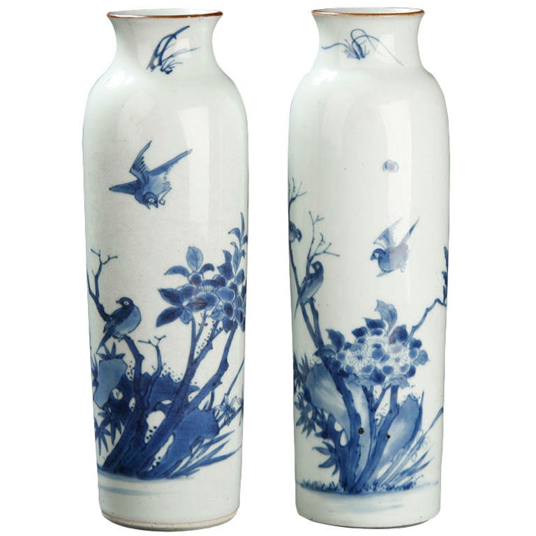 Pair Of Chinese Blue And White Sleeve Vases For Sale