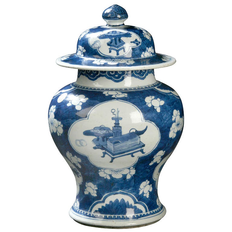 Chinese Blue And White Covered Temple Jar For Sale