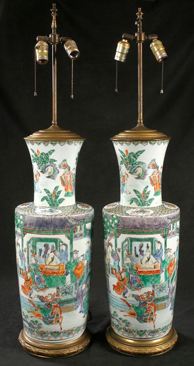 Large  Pair Of Chinese Famille Verte Baluster Vases