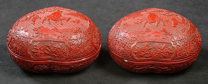 18th Century and Earlier Matched Pair Chinese Carved Lacquer Peach-form Boxes For Sale