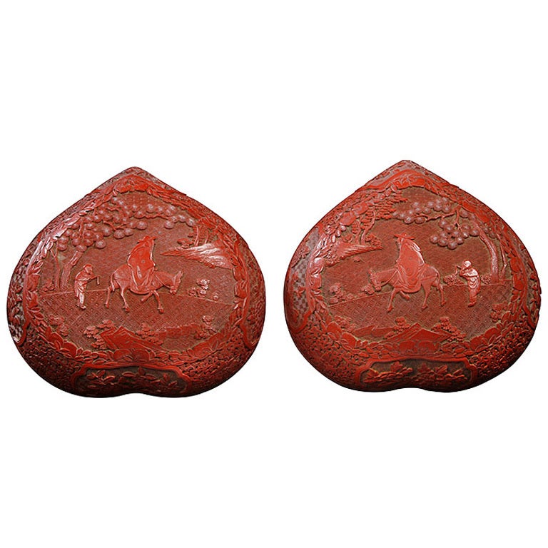 Matched Pair Chinese Carved Lacquer Peach-form Boxes For Sale