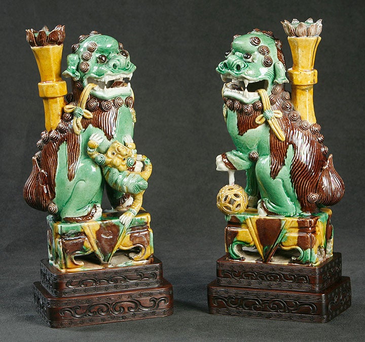 Matched Pair Of Chinese Buddhist Lion Incense Holders