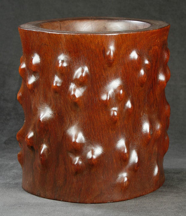 Massive Carved Huanghuali Brushpot (Bitong).  Sculpted to Simulate a Tree Root Form.