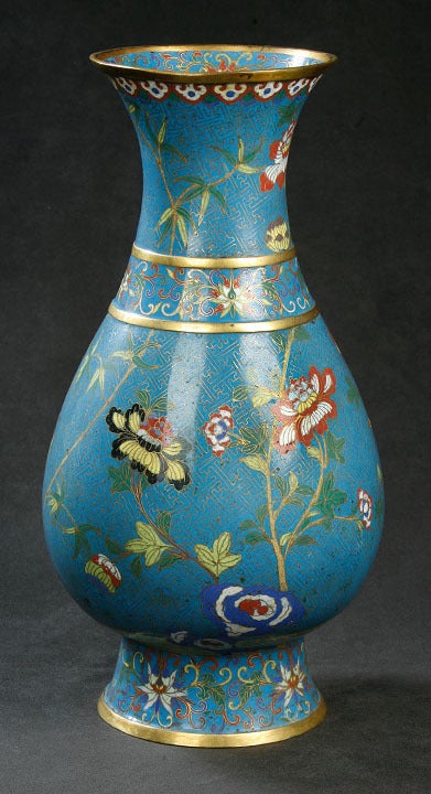 Chinese Pear-Shaped (Yuhuchunping) Cloisonne-Enamel Decorated Vase, Showing Tree Peonies, Lotus Blossoms and Various Floral Sprays Against a Gilded Trellis Motif Background