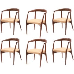6 Sculpted Walnut & Leather Dining Chairs