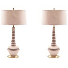 Pair of Glazed Stoneware & Satin Brass Italian Lamps