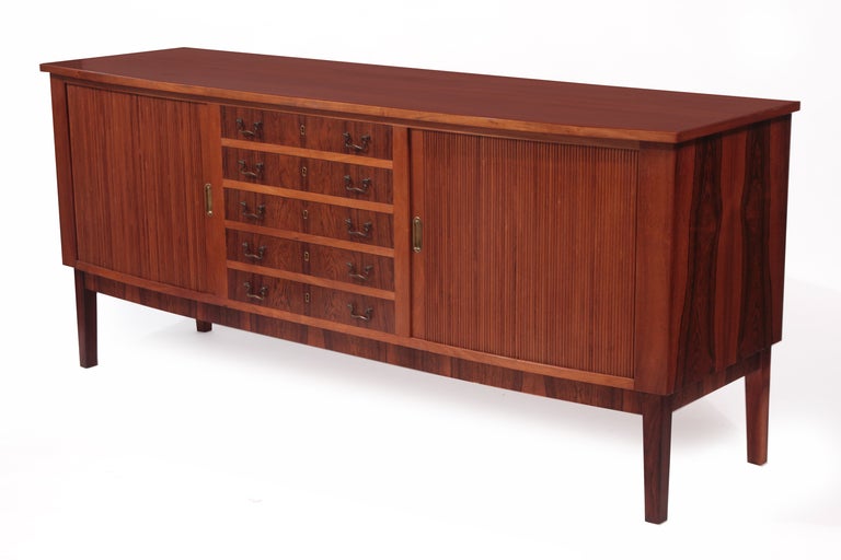 Danish Figural Rosewood Brass and Tambour Door Credenza