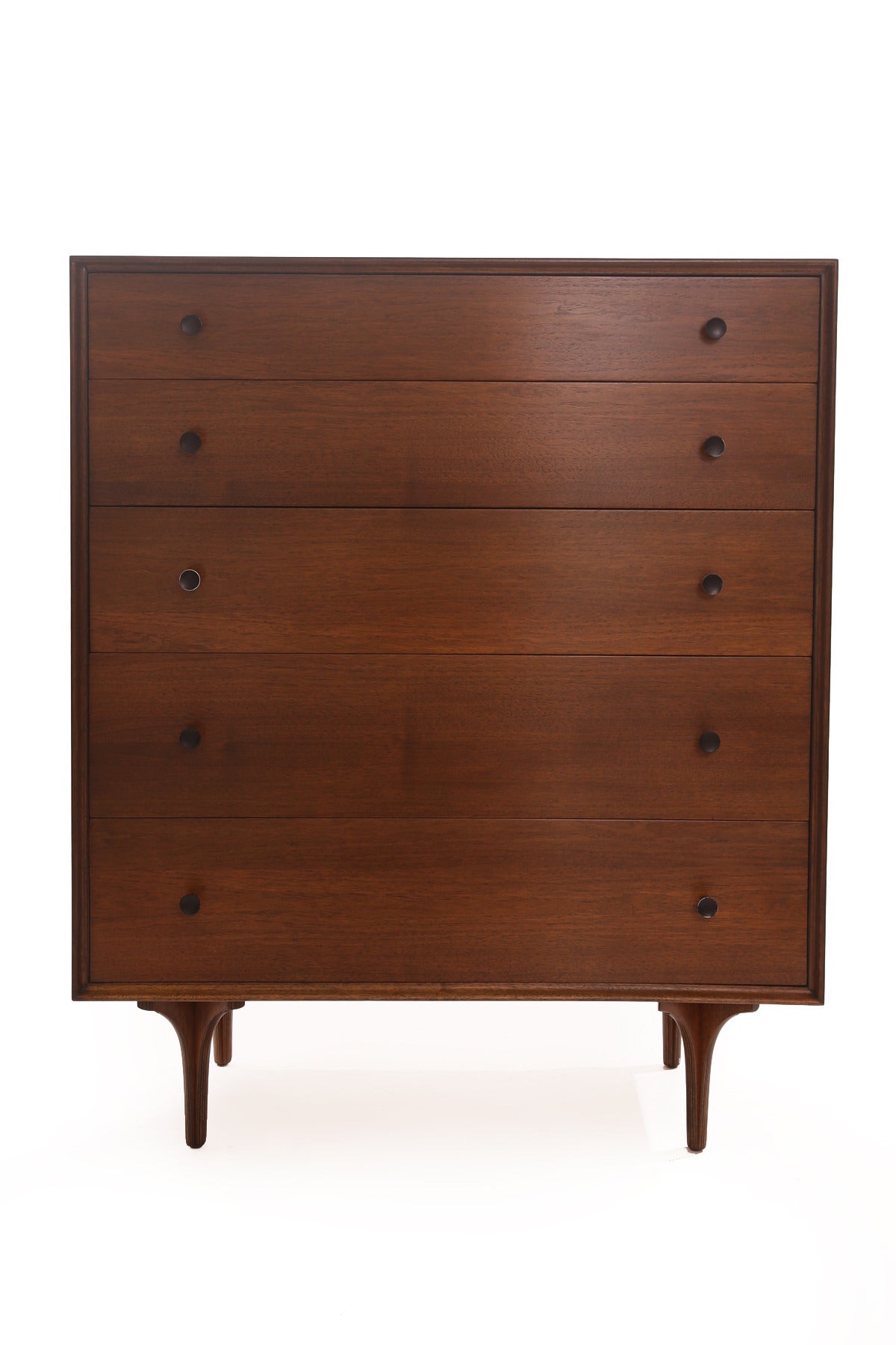 Robert Baron for Glenn of California highboy walnut dresser, circa late 1950s. This lovely example has five drawers spun metal hourglass drawer pulls and fabulous graining to the walnut. Please see Red Modern Furniture's other listings for the