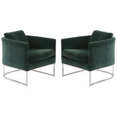 Pair of Milo Baughman Thayer Coggin Velvet and Steel Lounge Chairs