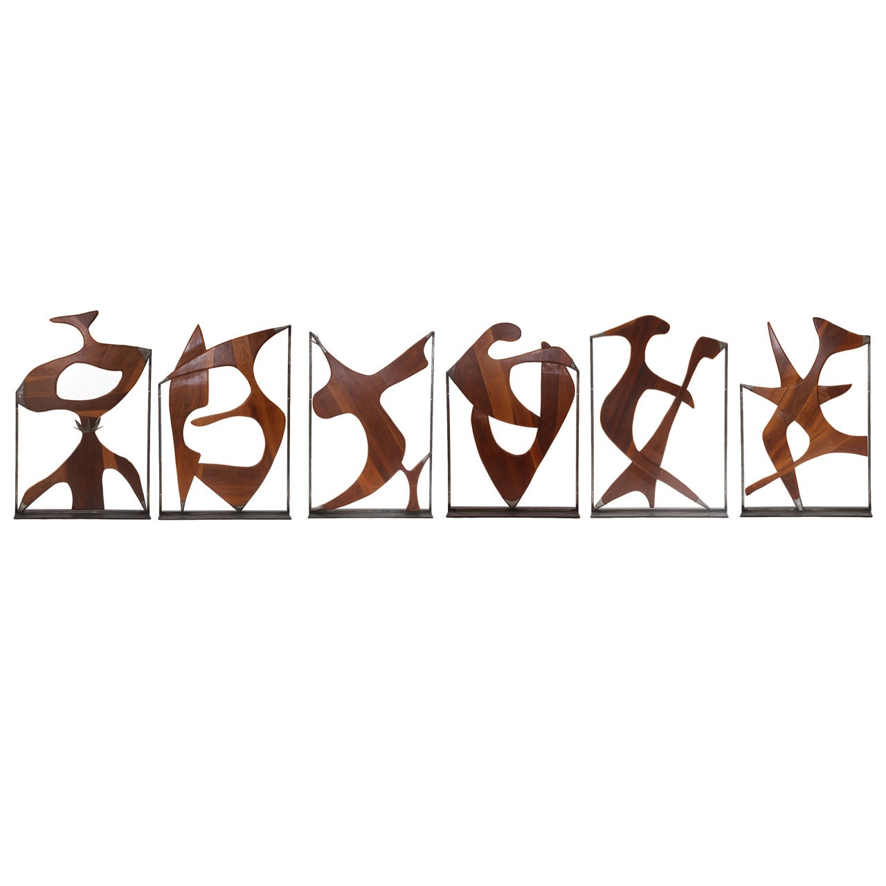 Six monumental, one-off black walnut and steel sculptures or panels by Allen Ditson, circa early 1960s. These stunning figural examples are finished on both sides and are phenomenal as a set of 6. They are mounted on weighted steel bases and measure