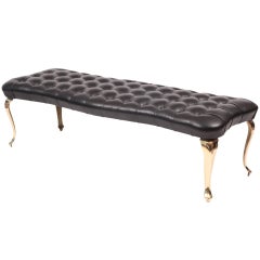 Tufted Leather and Brass 1950s Italian Bench