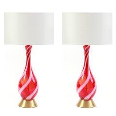 Vintage Pair of Murano Glass and Brass Table Lamps