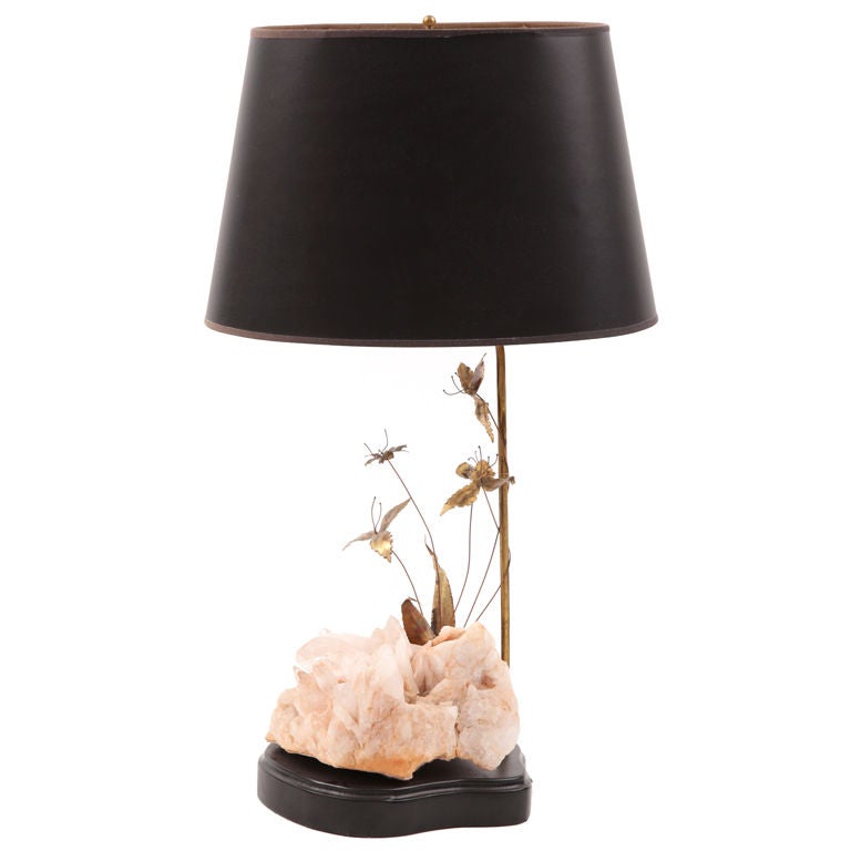 Quartz Brass and Ebonized Wood Table Lamp