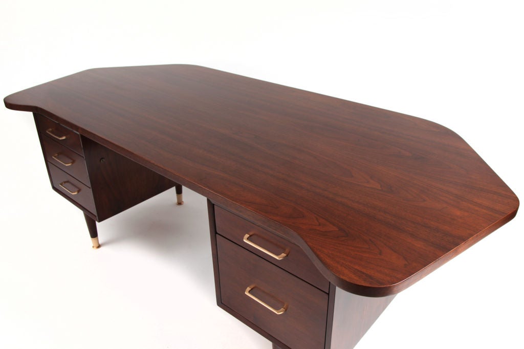 Wood Free Form Walnut & Brass Executive Desk