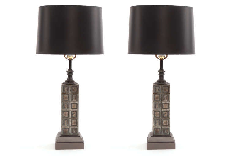 Pair of Laurel Patinated Brass Chess Lamps