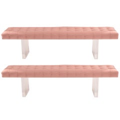 Glamorous Pair of Tufted Leather and Lucite Benches