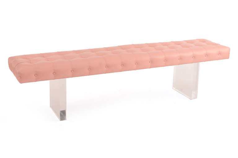 Mid-Century Modern Glamorous Pair of Tufted Leather and Lucite Benches
