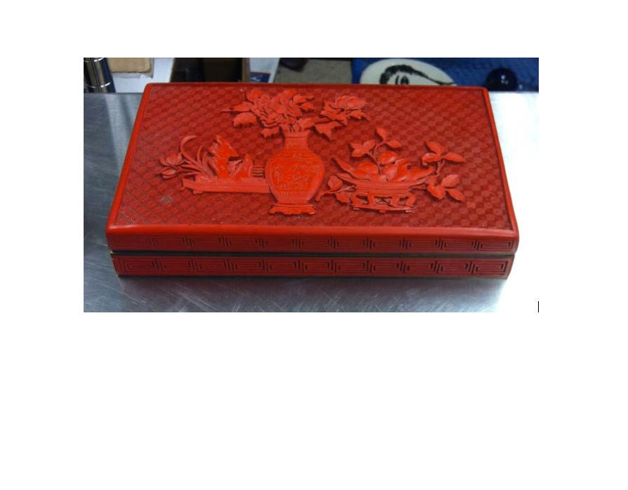 Asian cinnabar box. Lovely carved floral detail. Beautiful decorative object. 