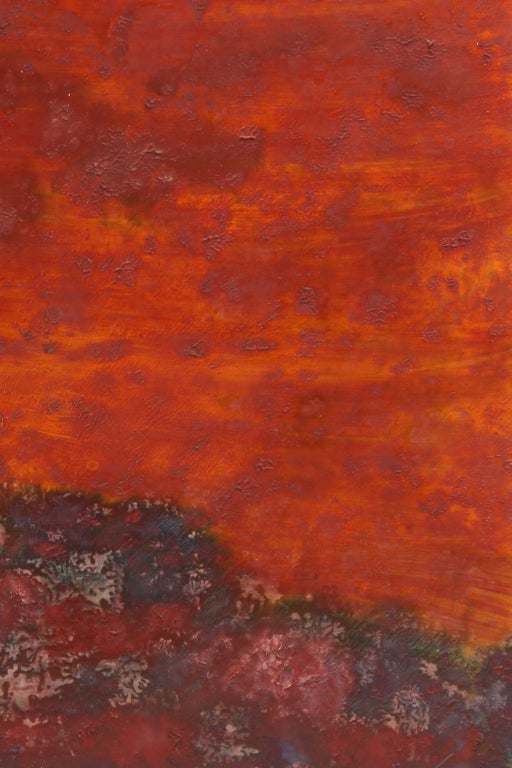 Steven Sles oil on linen painting circa mid 1960's. Sles was a handicapped painter who studied under Hans Hoffman and remarkably painted all his works with his mouth. This example has rich texture with wonderful use of color and movement. Red has