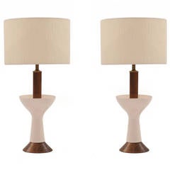Stunning Pair of Walnut and Fluted Ceramic Lamps