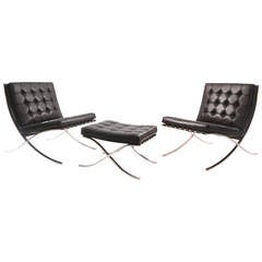 Vintage Early Pair of Knoll Barcelona Chairs and Ottoman by Mies van der Rohe
