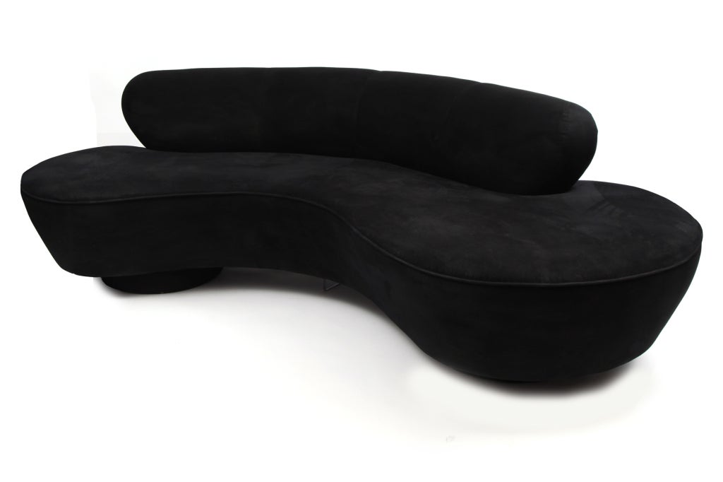 Pair of Vladimir Kagan for Directional serpentine sofas. These 8' examples are upholstered in their original black ultra suede and have lucite plinth bases. Price is for one sofa.