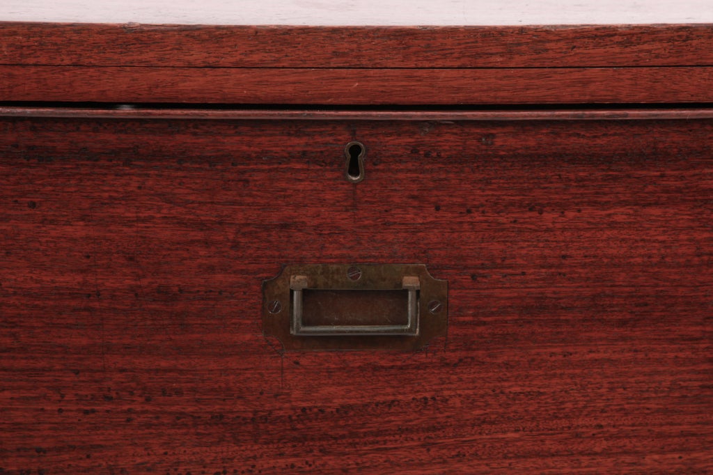 Late Georgian thuyawood chest of drawers, circa 1800. This example is in two parts and has lovely patinated brass and iron handles. It was purchased from the Elsa Lanchester Charles Loughton estate in California.