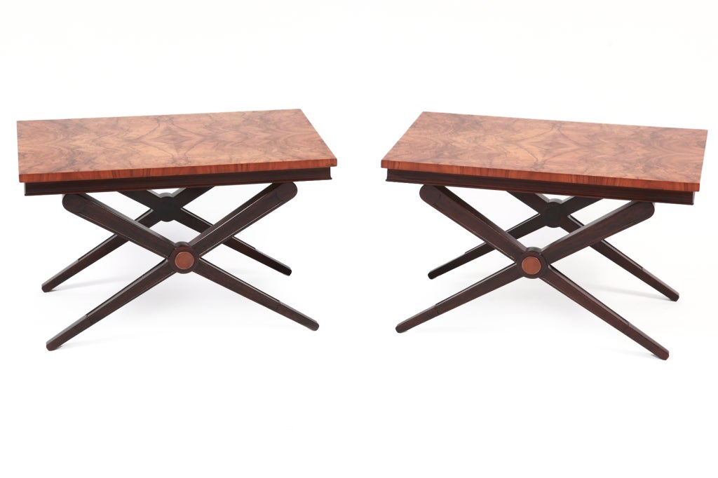 Pair of Flamed Burl and Mahogany Side Tables by Baker 1