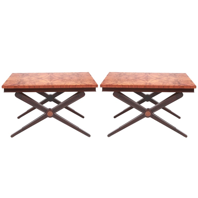 Pair of Flamed Burl and Mahogany Side Tables by Baker