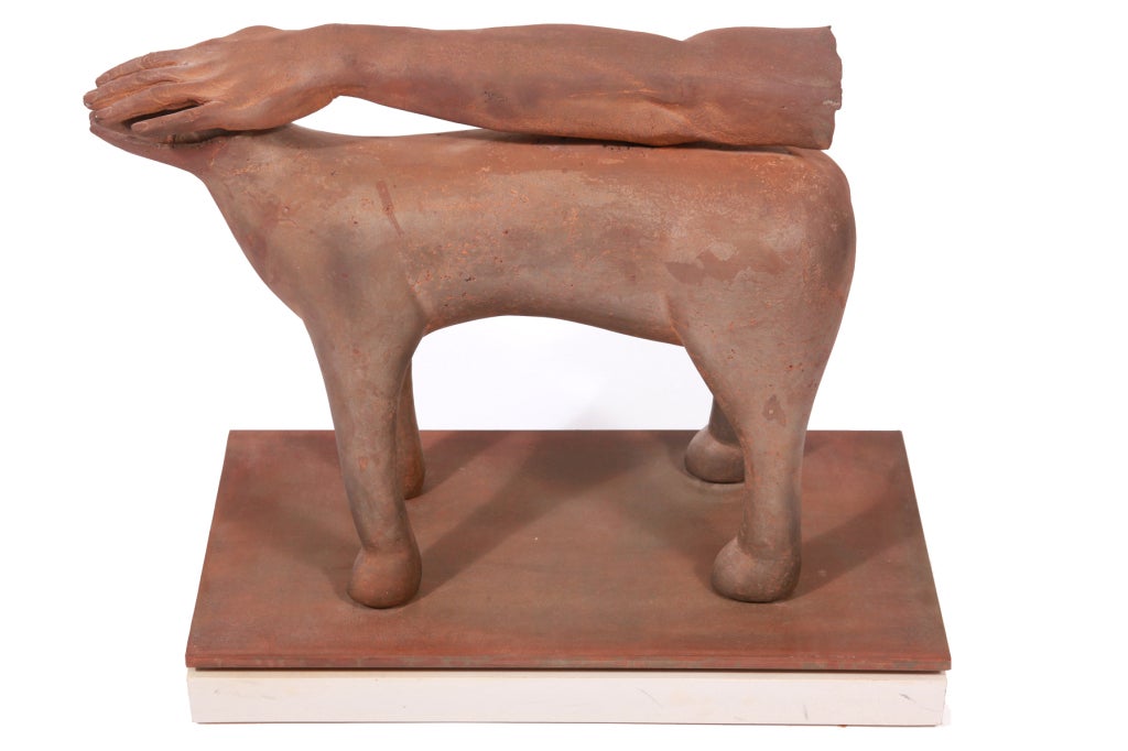 Unusual arm over animal cast steel sculpture, circa early 1980s. This example has a wonderfully formed human arm and hand over an abstracted animal form.
Great patina to the steel.