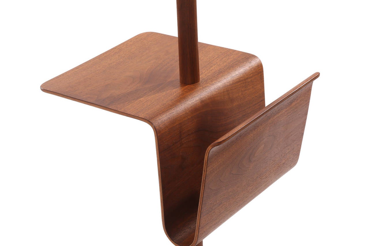 American Sculptural Oiled Walnut Floor Lamp with Magazine Holder