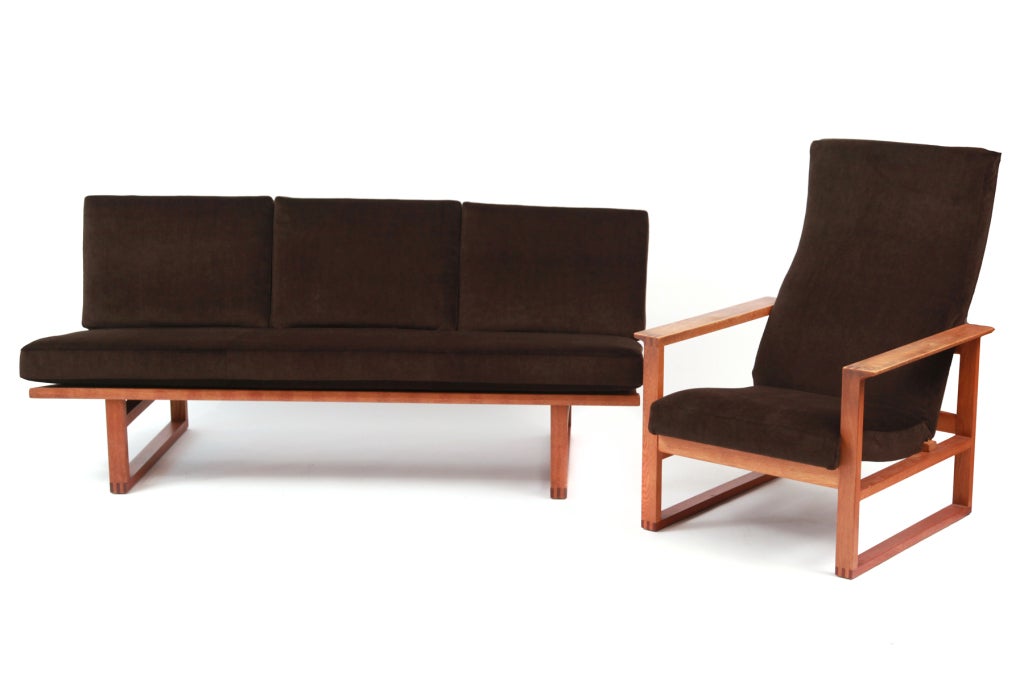 Mid-20th Century Borge Mogensen Oak Chocolate Brown Mohair and Leather Loveseat