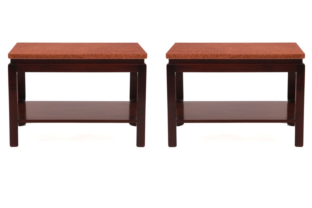 Pair of Paul Frankl for Johnson cork and mahogany side or end tables circa late 1940's. These examples have solid cork tops with graceful mahogany legs. These have been impeccably restored. Price is for the pair. Please see our other listings for