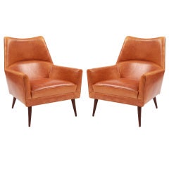Paul Mccobb Leather & Walnut Lounge Chairs