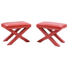 Pair of Coral Leather X Ottomans