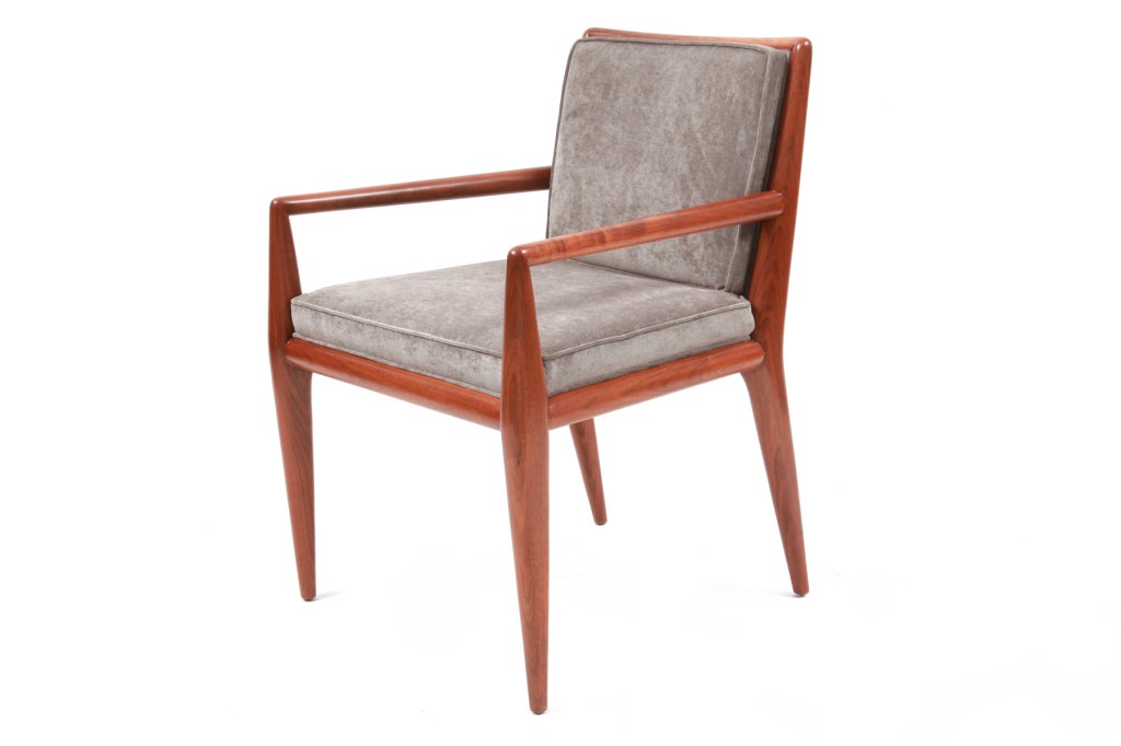 T.H. Robsjohn-Gibbings for widdicomb armchairs, circa mid-1950s. This sculptural example has newly finished solid walnut frames and has been upholstered in a lovely silk chenille. Arm height on pair of armchairs is 25
