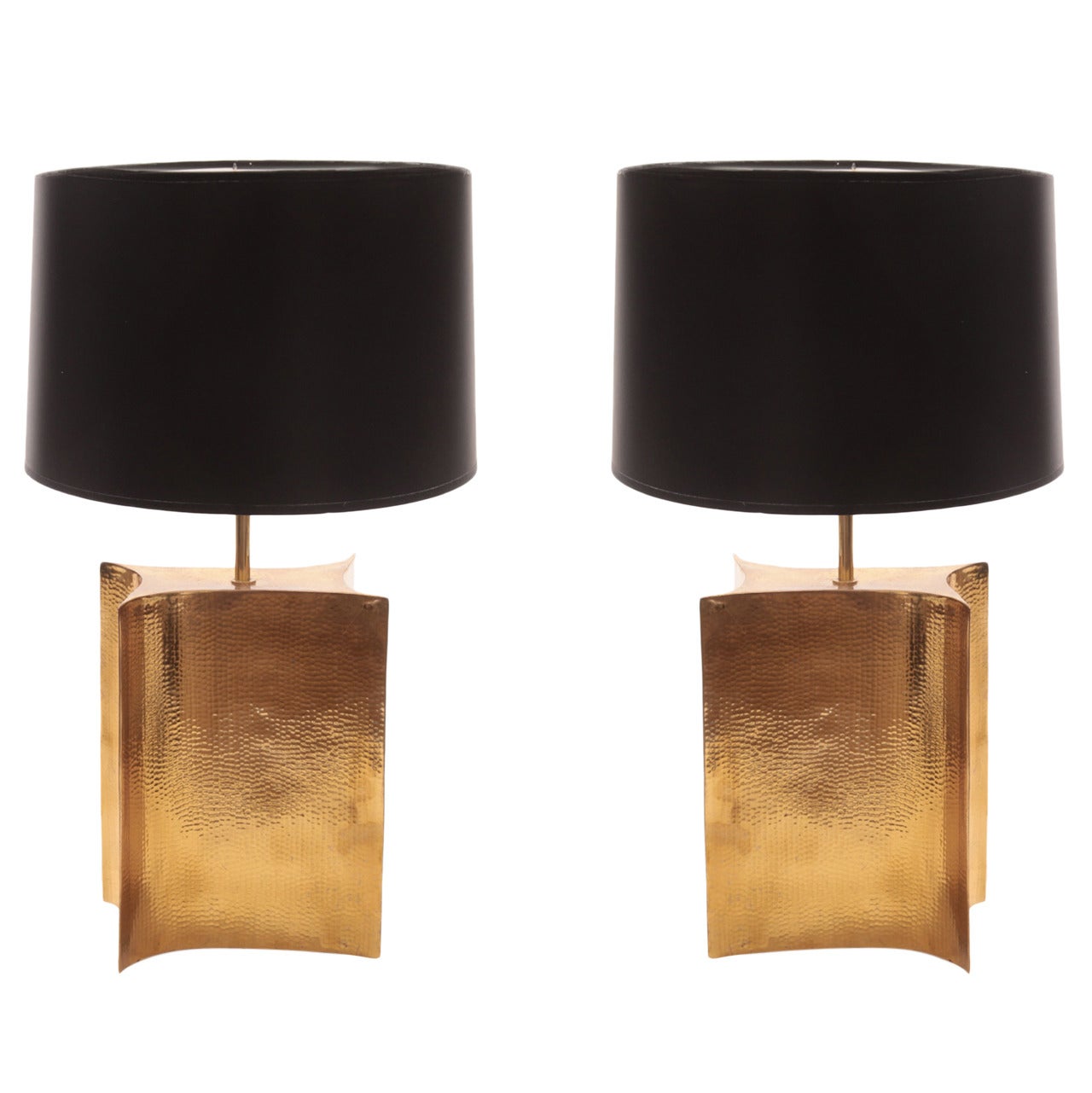 Elegant Pair of Free Form Hammered Brass Lamps