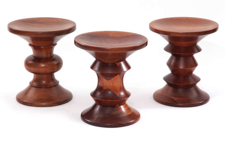 Set of 3 Charles and Ray Eames for Herman Miller time life stools circa early 1960's. These all original examples are stacked walnut and in excellent condition. Price listed is for the set of three.