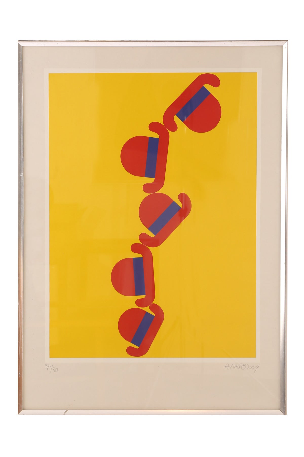 Pair of Per Arnoldi signed serigraphs, circa early 1970s. These pop examples use fantastic bright colors mixed with a little whimsy to create fun art pieces. Price is for the pair. Smaller example measures: 35.5